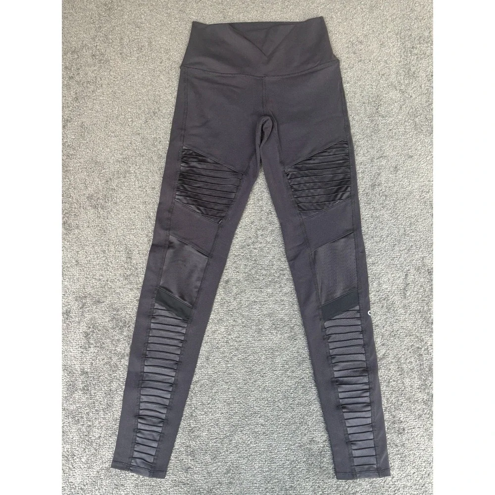 Alo Moto Leggings Women XXS Black High Waist Ribbed Panel Activewear Outdoor